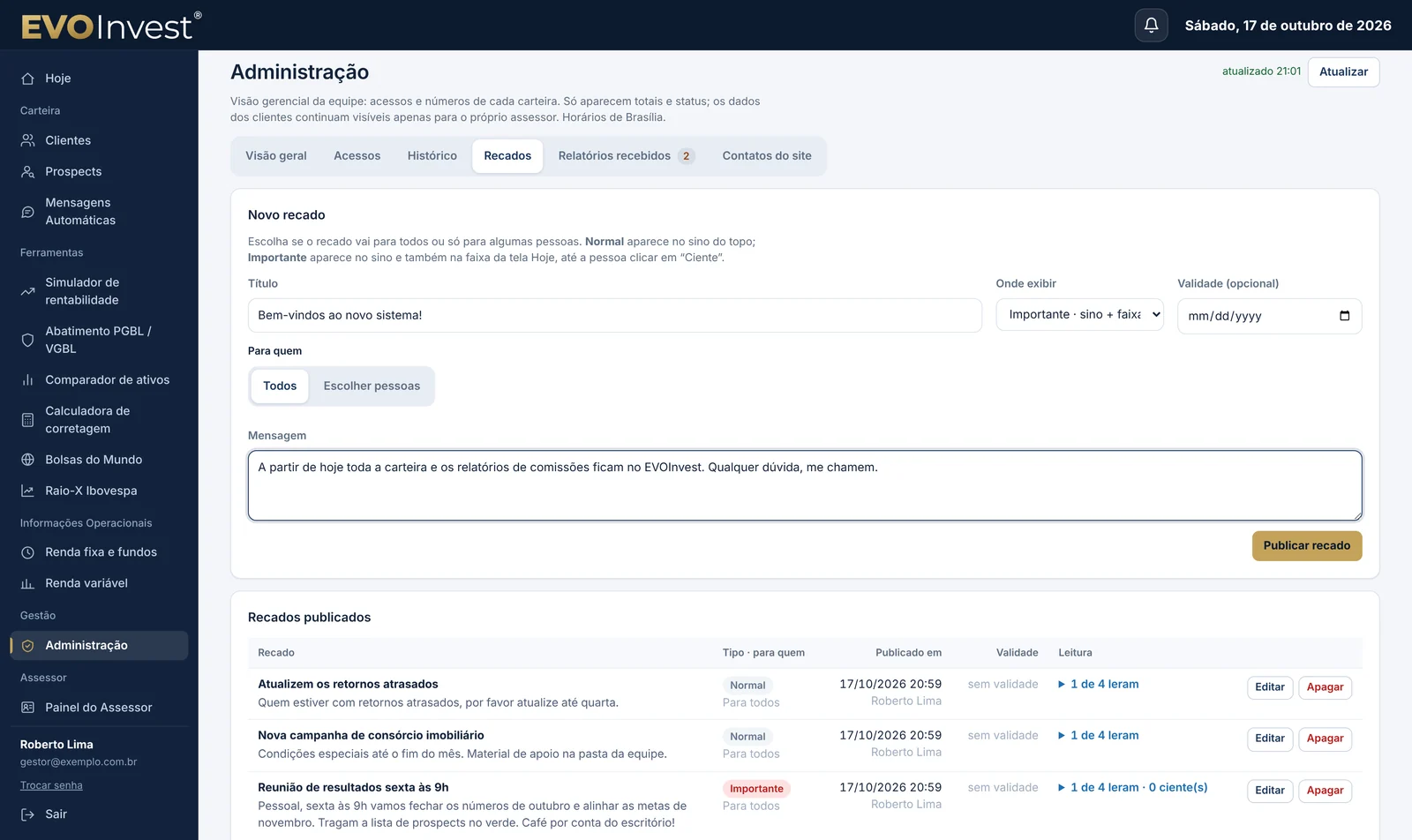 Tela de envio de recados com formulário e lista de recados publicados com leitura